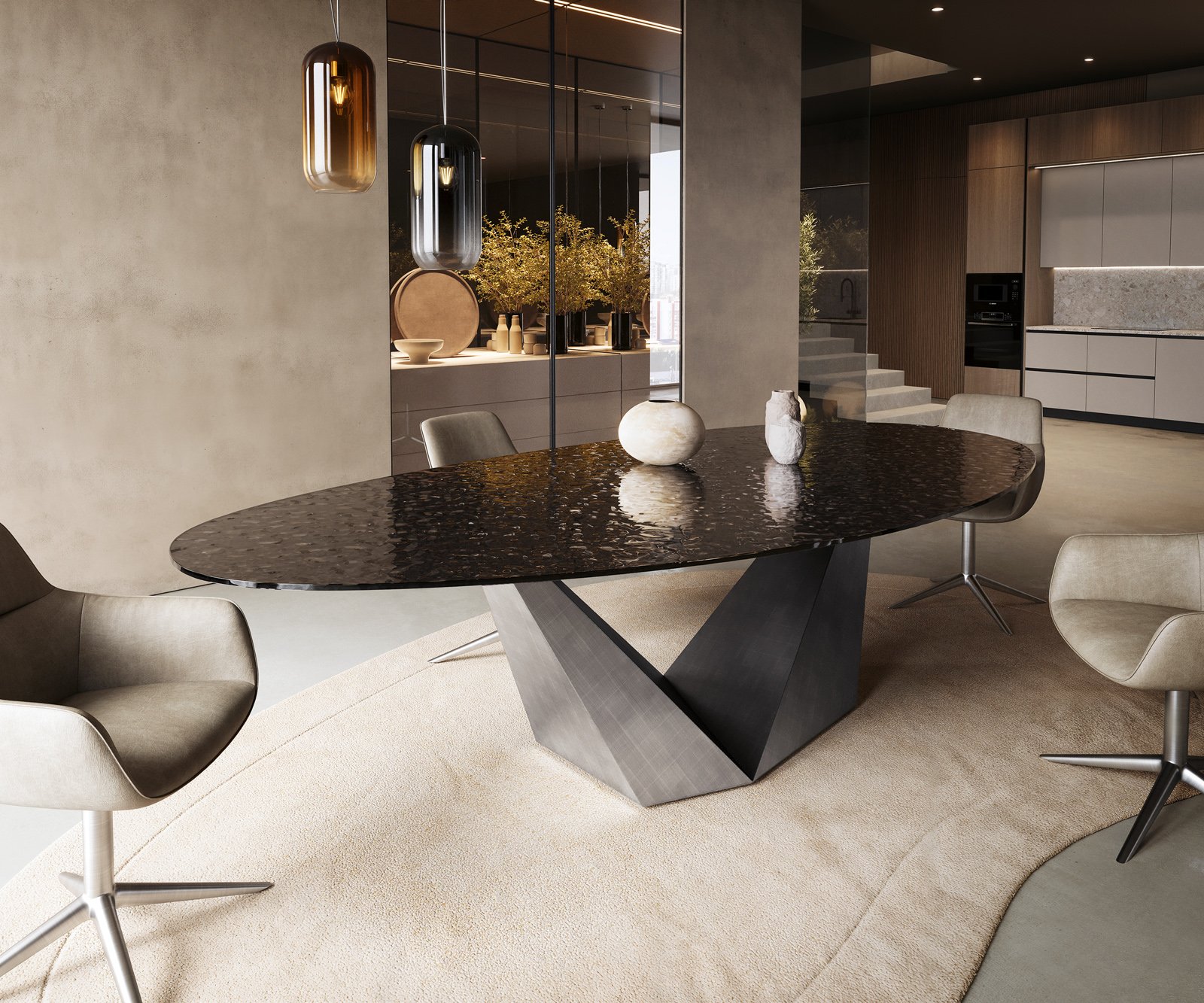 Jedálenský stôl Edge oválny 280x130 reliéfne sklo dymovo čierna 3D dizajn Prisma metalická strieborná