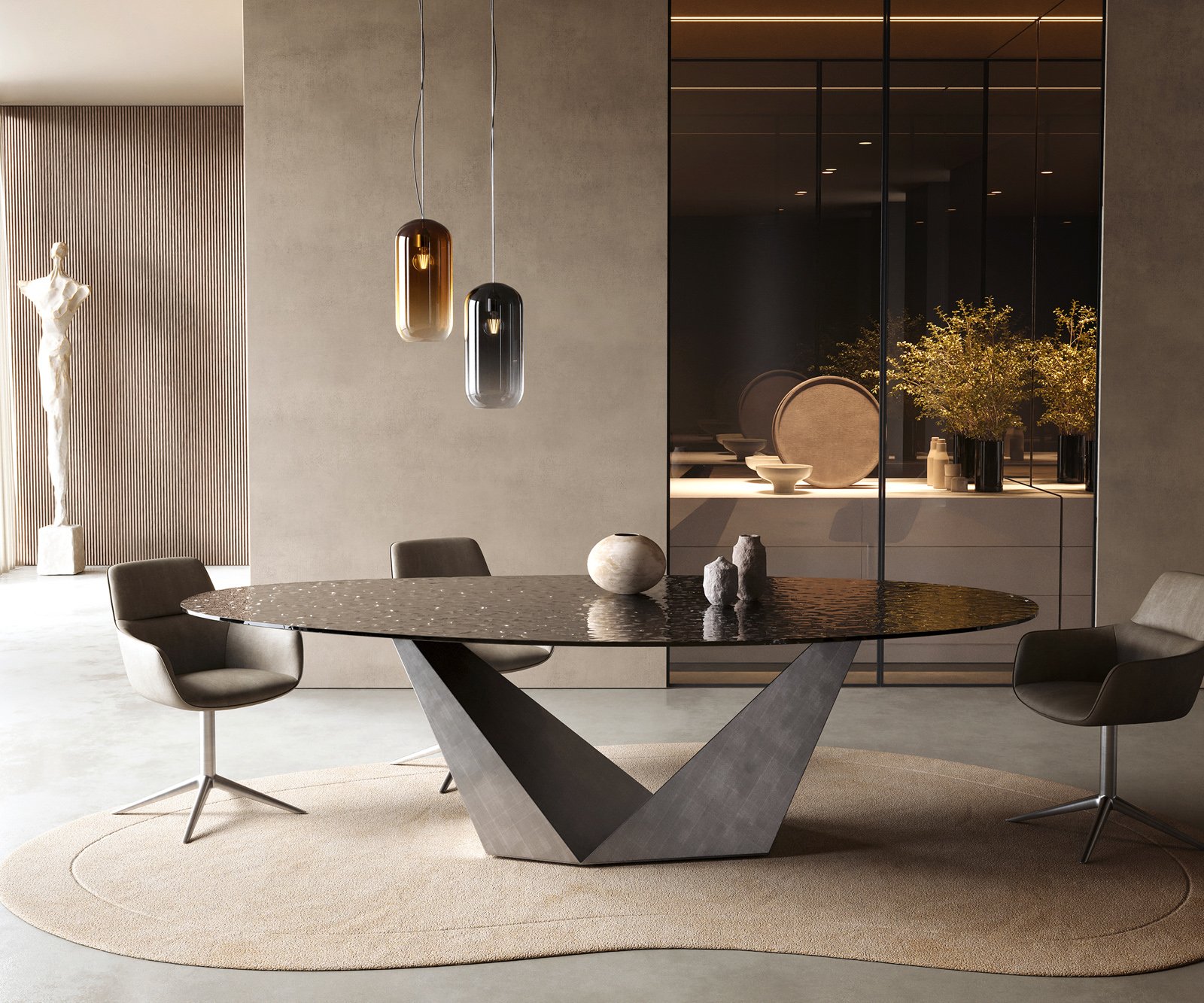 Jedálenský stôl Edge oválny 280x130 reliéfne sklo dymovo čierna 3D dizajn Prisma metalická strieborná - Image 2