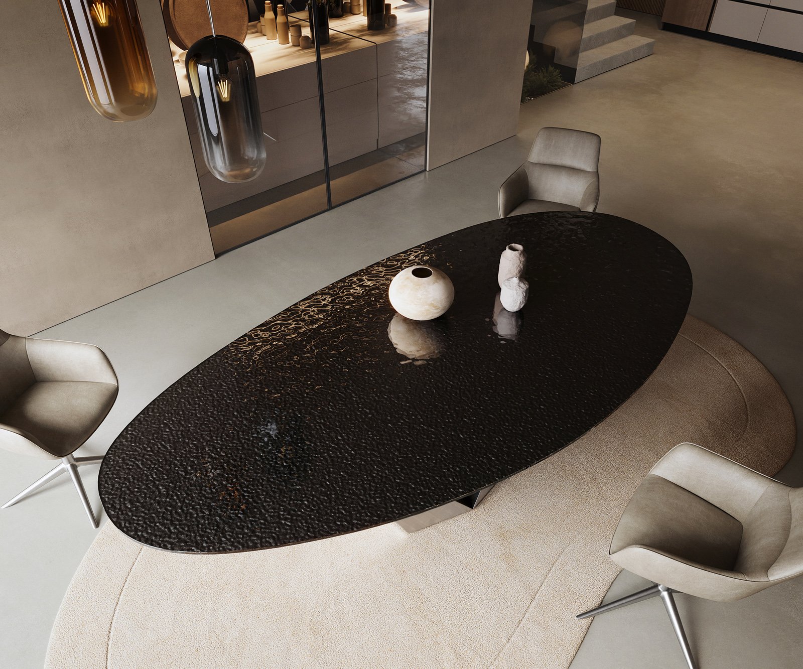 Jedálenský stôl Edge oválny 280x130 reliéfne sklo dymovo čierna 3D dizajn Prisma metalická strieborná - Image 4