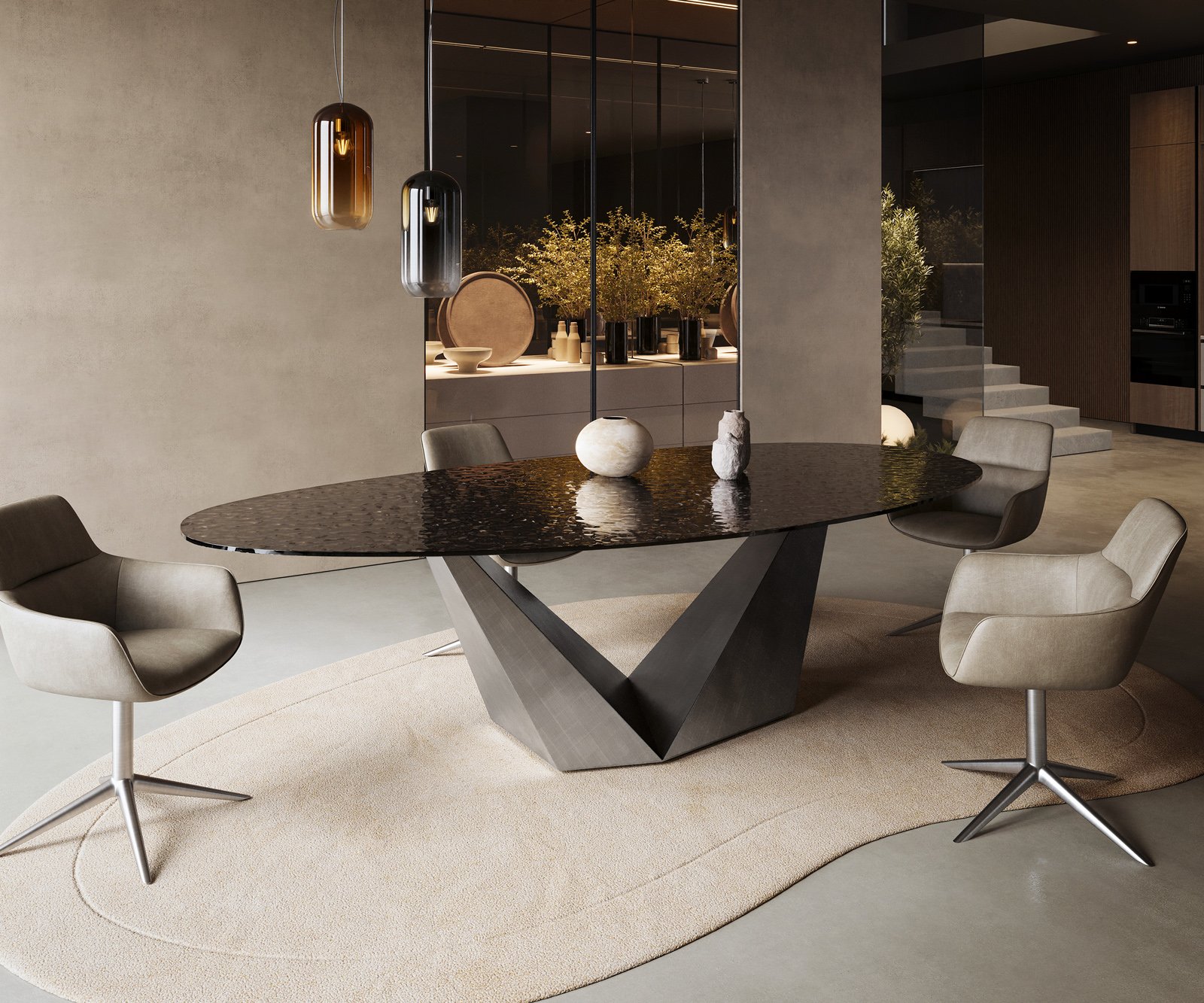 Jedálenský stôl Edge oválny 280x130 reliéfne sklo dymovo čierna 3D dizajn Prisma metalická strieborná - Image 5