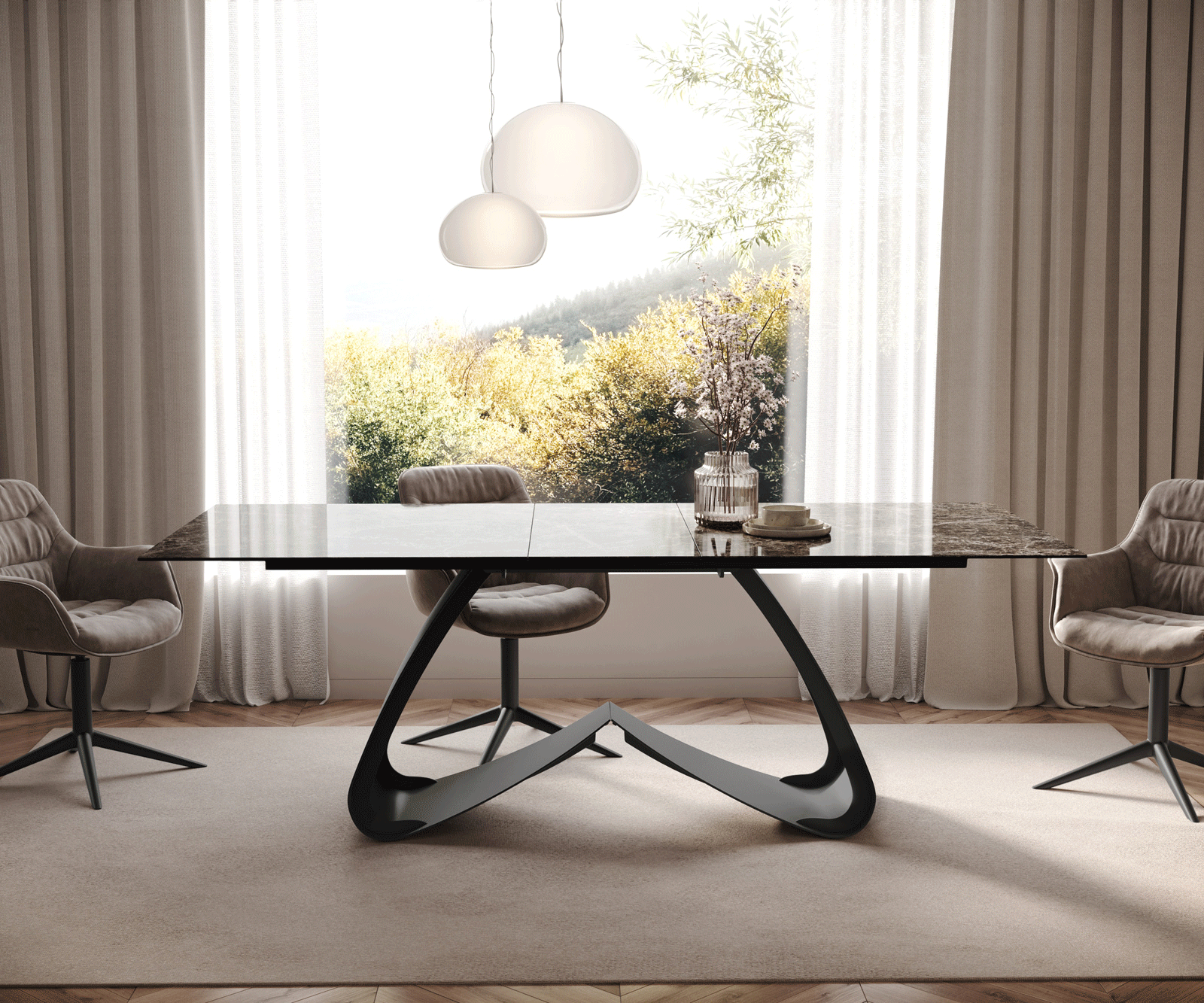 Jedálenský stôl Edge 180-220x100 keramika Laminam® Emperador Extra Lucidato tmavohnedá podstava v tvare W čierna rozkladací - Image 2