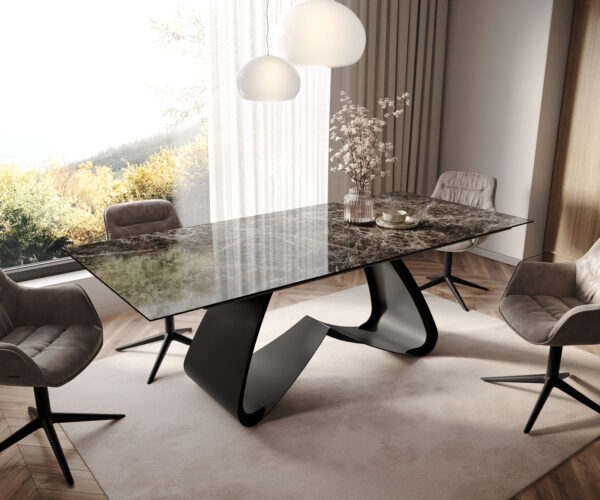 Jedálenský stôl Edge 180-220x100 keramika Laminam® Emperador Extra Lucidato tmavohnedá podstava v tvare W čierna rozkladací