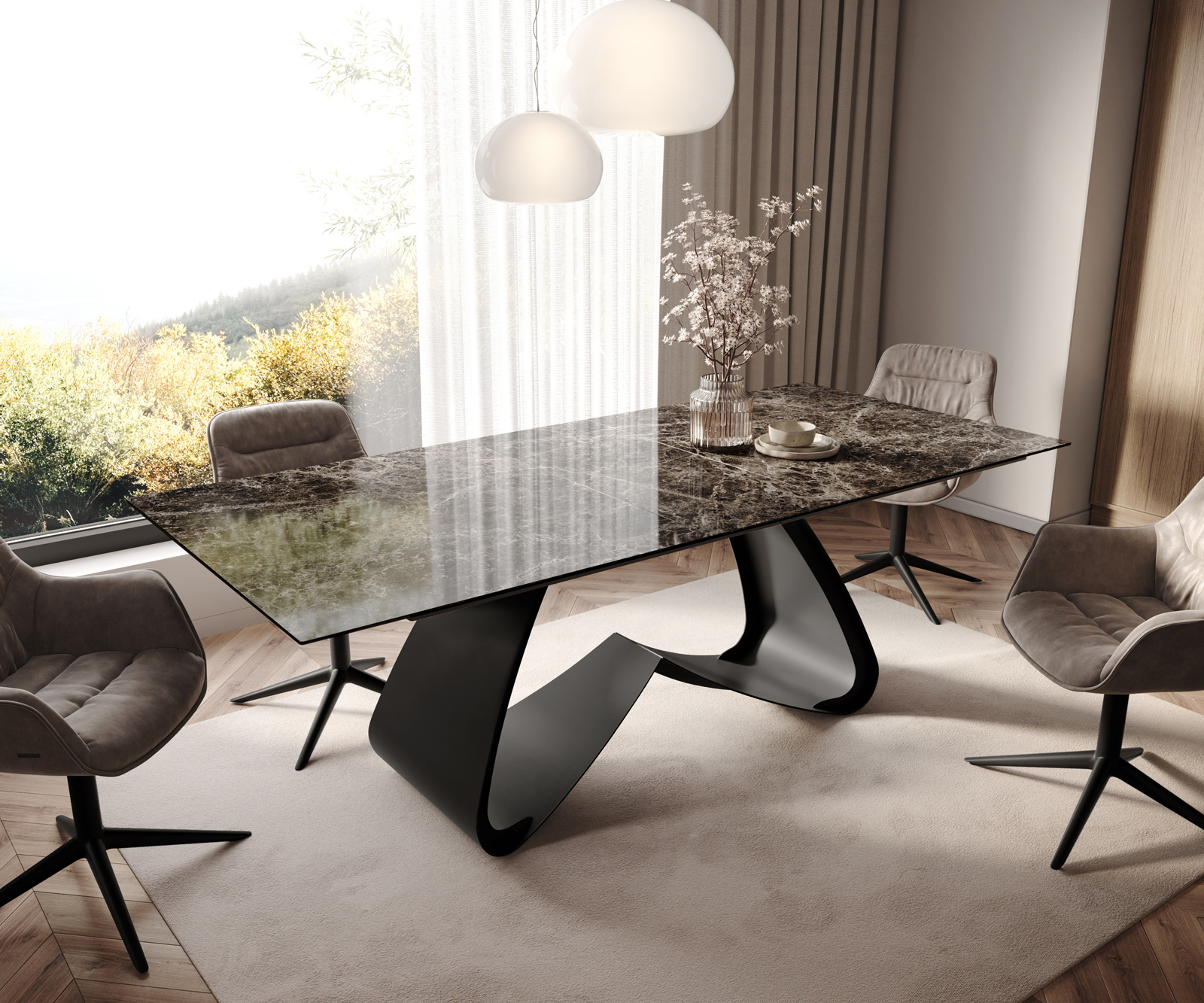 Jedálenský stôl Edge 180-220x100 keramika Laminam® Emperador Extra Lucidato tmavohnedá podstava v tvare W čierna rozkladací