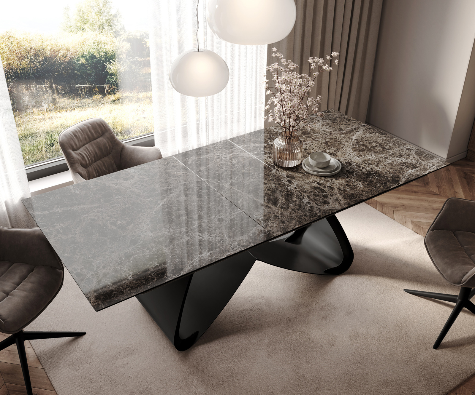 Jedálenský stôl Edge 180-220x100 keramika Laminam® Emperador Extra Lucidato tmavohnedá podstava v tvare W čierna rozkladací - Image 4