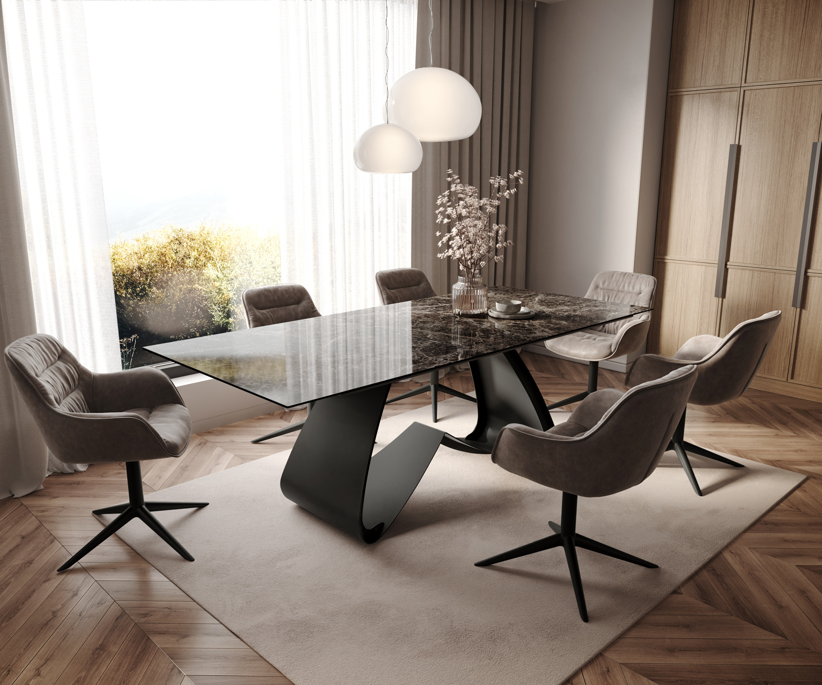 Jedálenský stôl Edge 180-220x100 keramika Laminam® Emperador Extra Lucidato tmavohnedá podstava v tvare W čierna rozkladací - Image 7