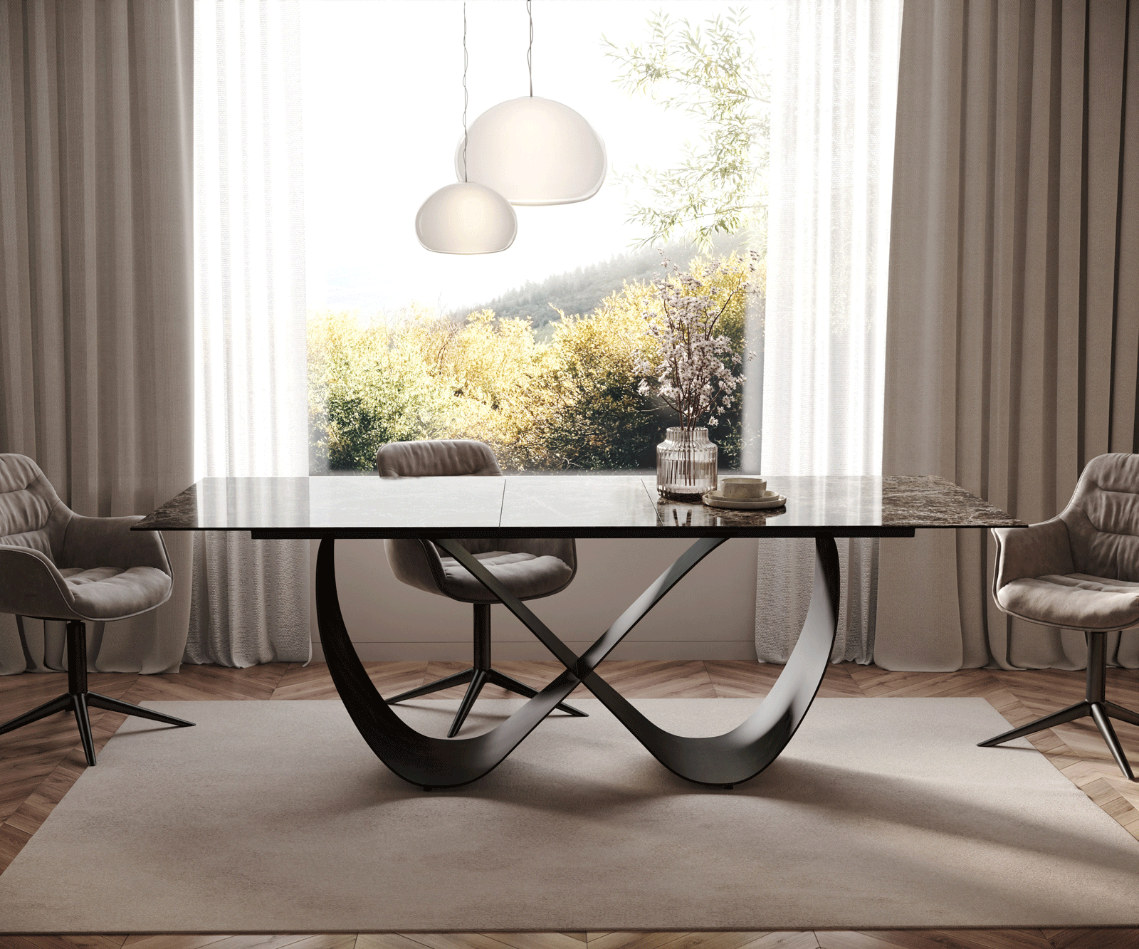 Jedálenský stôl Edge 180-220x100 keramika Laminam® Emperador Extra Lucidato tmavohnedá Infinity kov čierna rozkladací - Image 2