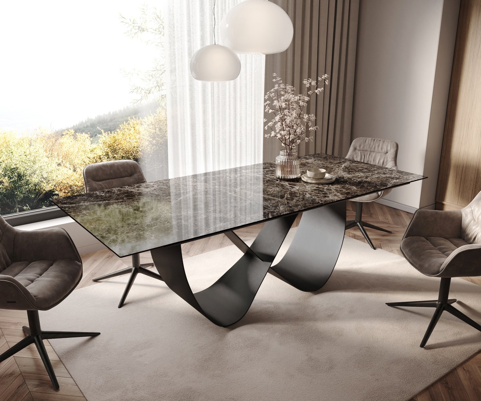 Jedálenský stôl Edge 180-220x100 keramika Laminam® Emperador Extra Lucidato tmavohnedá Infinity kov čierna rozkladací