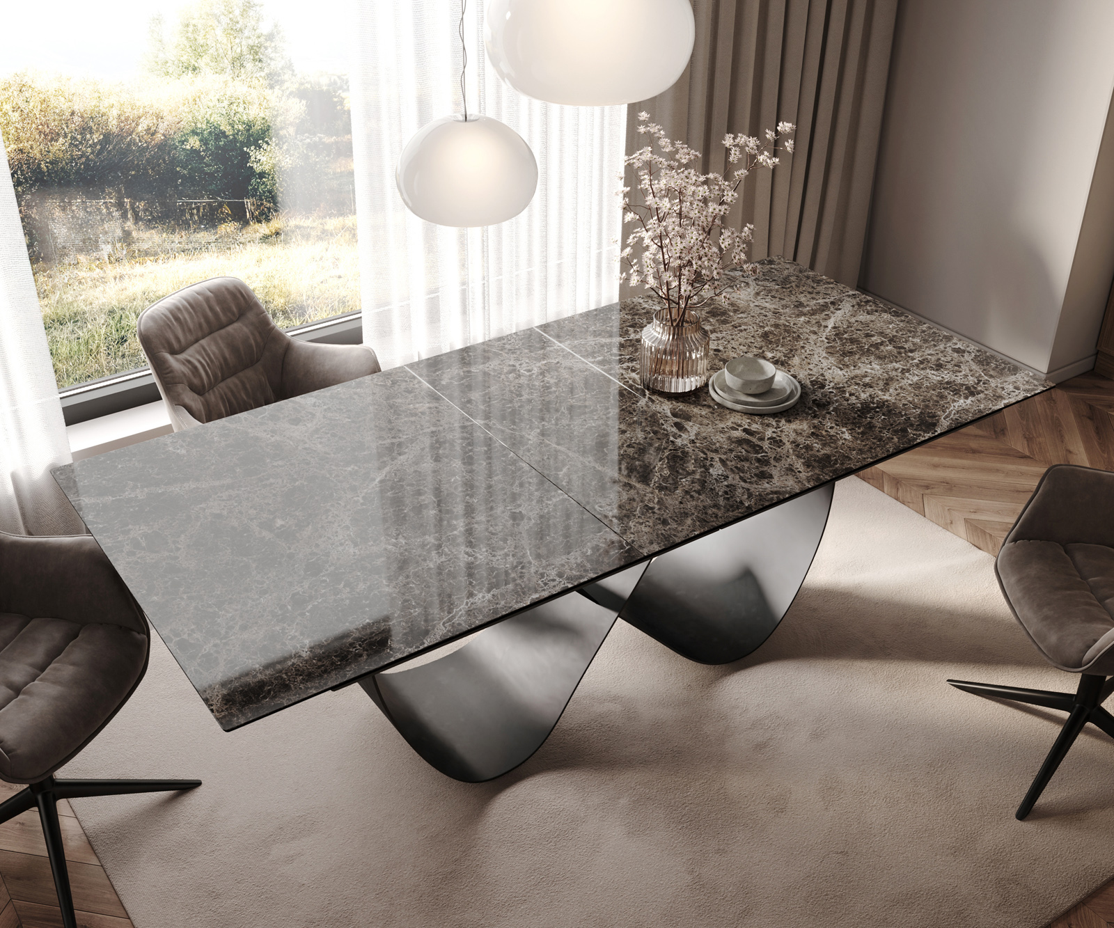 Jedálenský stôl Edge 180-220x100 keramika Laminam® Emperador Extra Lucidato tmavohnedá Infinity kov čierna rozkladací - Image 4