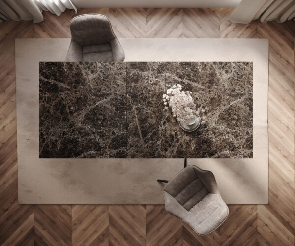 Jedálenský stôl Edge 180-220x100 keramika Laminam® Emperador Extra Lucidato tmavohnedá Infinity kov čierna rozkladací - Image 6