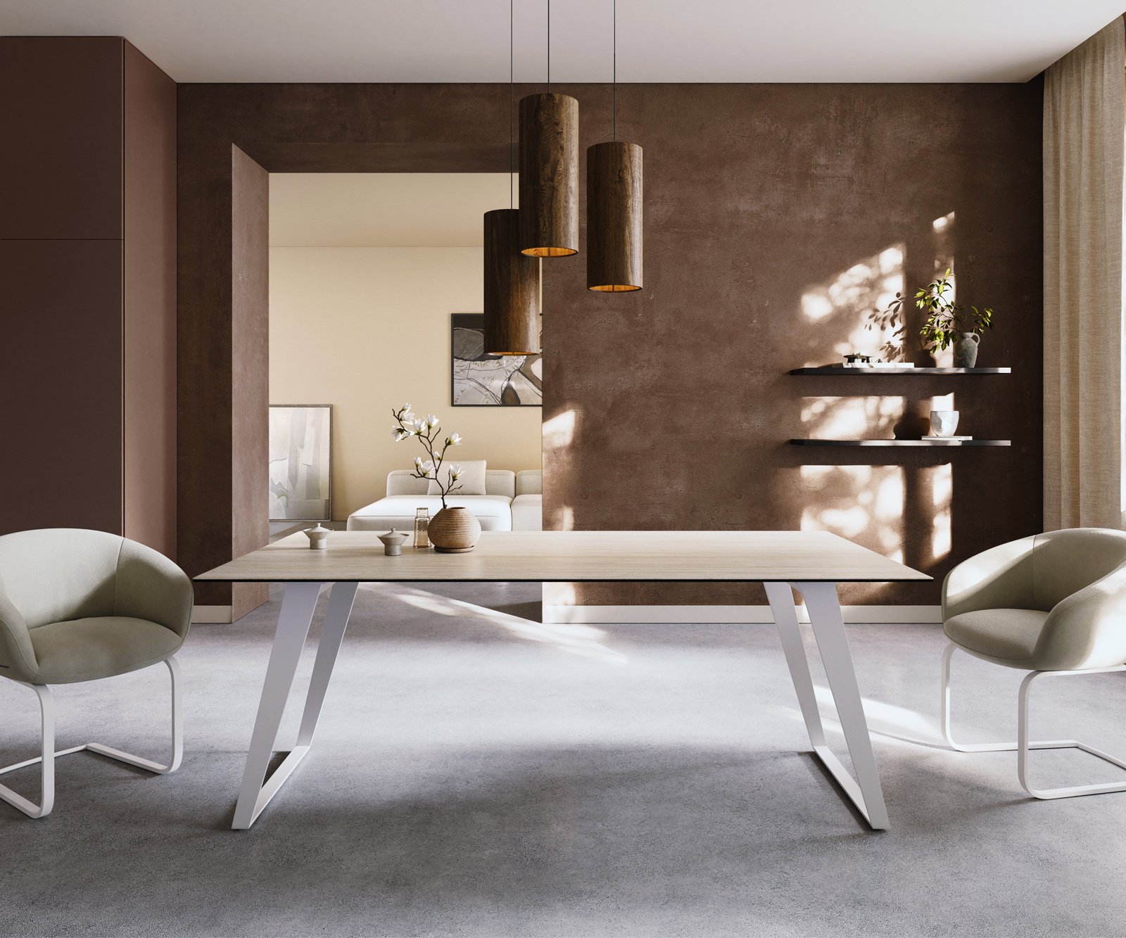 Jedálenský stôl Edge 200x100 keramika Laminam® Travertino Bianco krémovo biela kovová šikmá biela