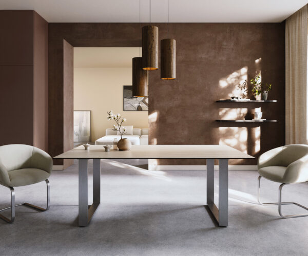 Jedálenský stôl Edge 200x100 keramika Laminam® Travertino Bianco krémovo biela nerezová oceľ úzky