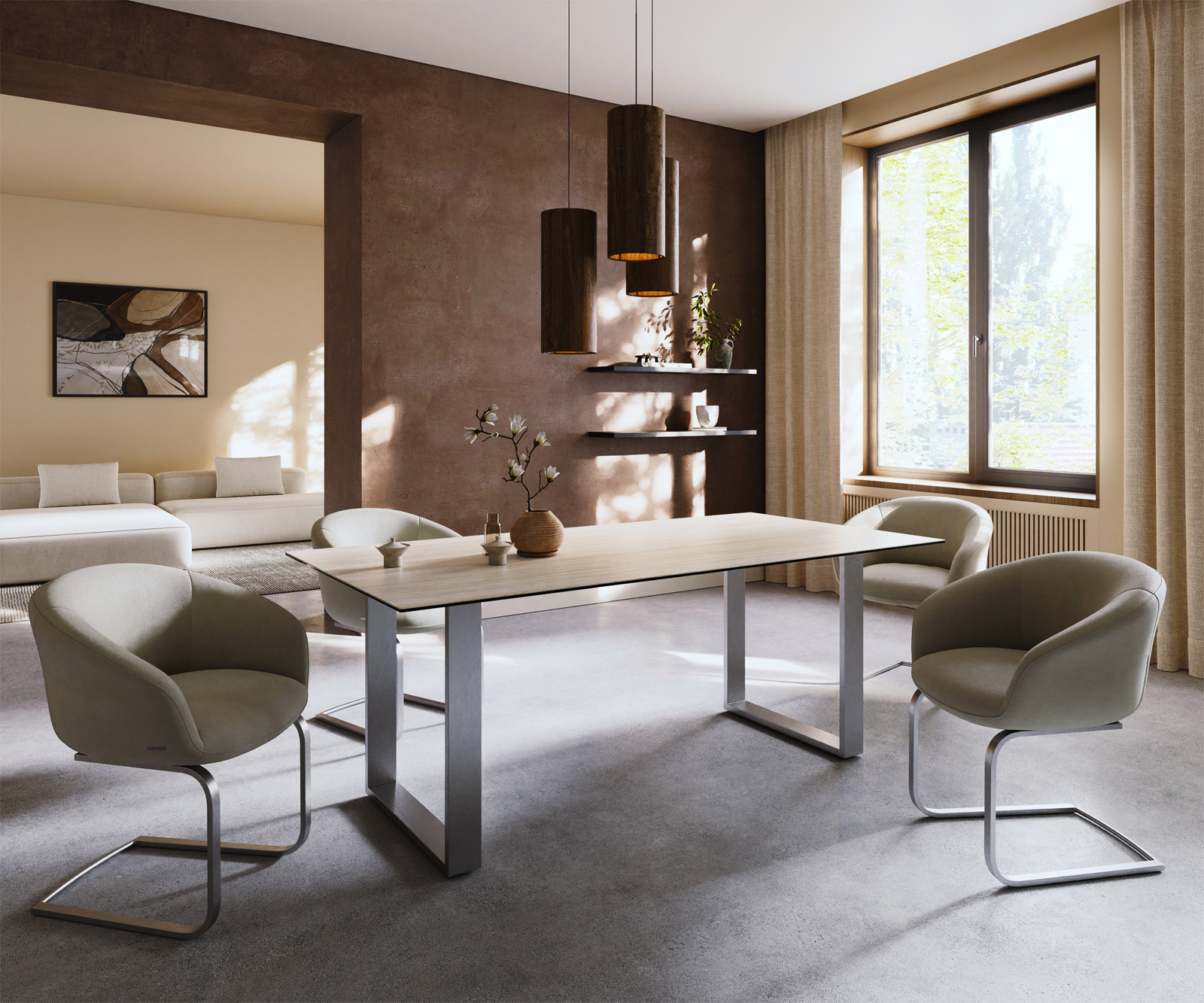 Jedálenský stôl Edge 200x100 keramika Laminam® Travertino Bianco krémovo biela nerezová oceľ úzky - Image 7