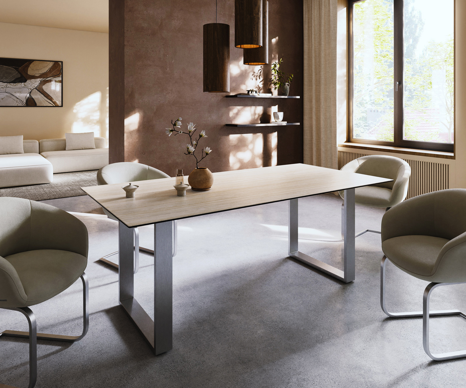 Jedálenský stôl Edge 200x100 keramika Laminam® Travertino Bianco krémovo biela nerezová oceľ úzky - Image 2