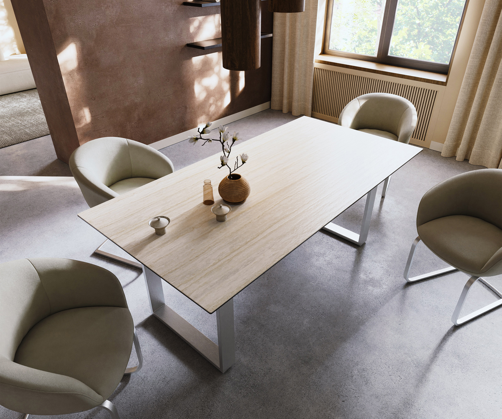 Jedálenský stôl Edge 200x100 keramika Laminam® Travertino Bianco krémovo biela nerezová oceľ úzky - Image 4