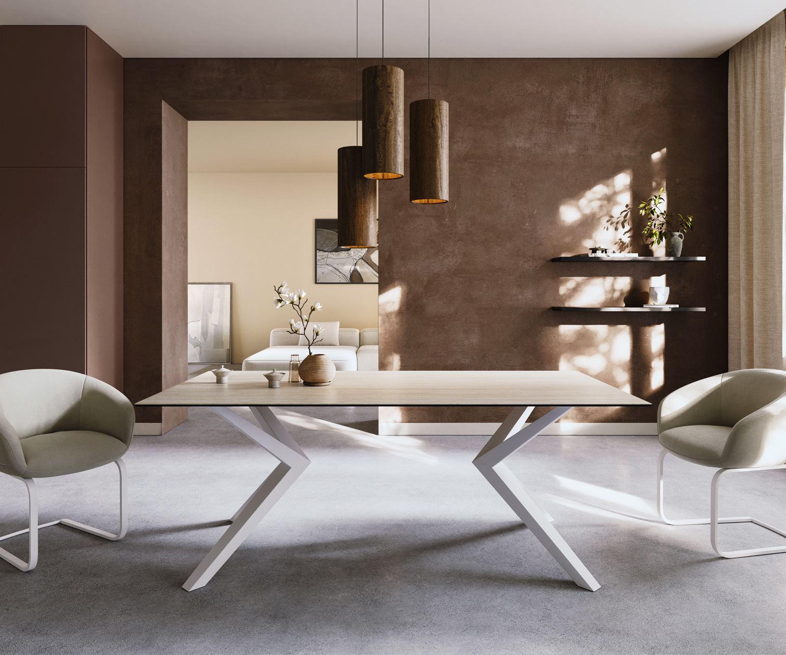 Jedálenský stôl Edge 200x100 keramika Laminam® Travertino Bianco bielo-krémová Zenthara hranatý kov biela