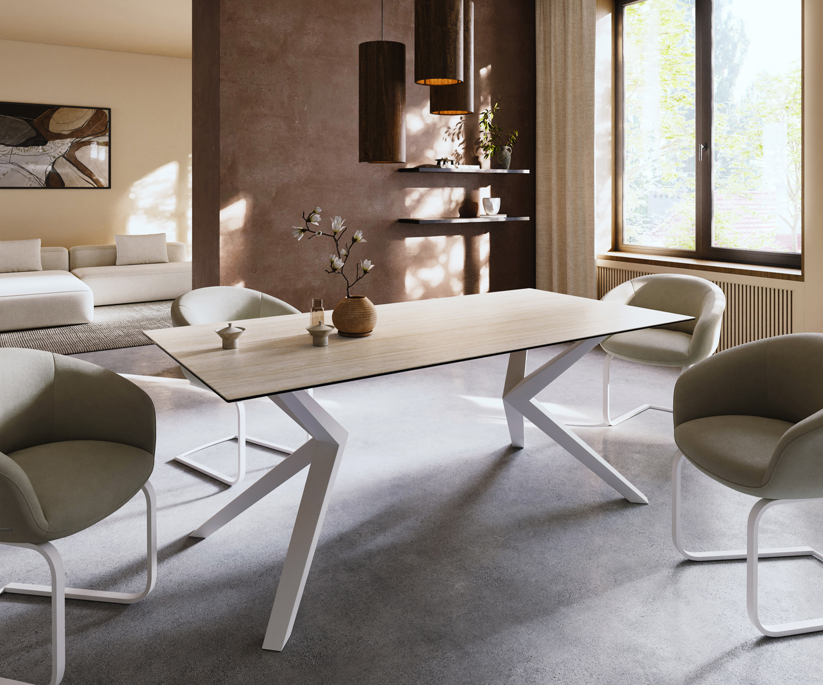 Jedálenský stôl Edge 200x100 keramika Laminam® Travertino Bianco bielo-krémová Zenthara hranatý kov biela - Image 2