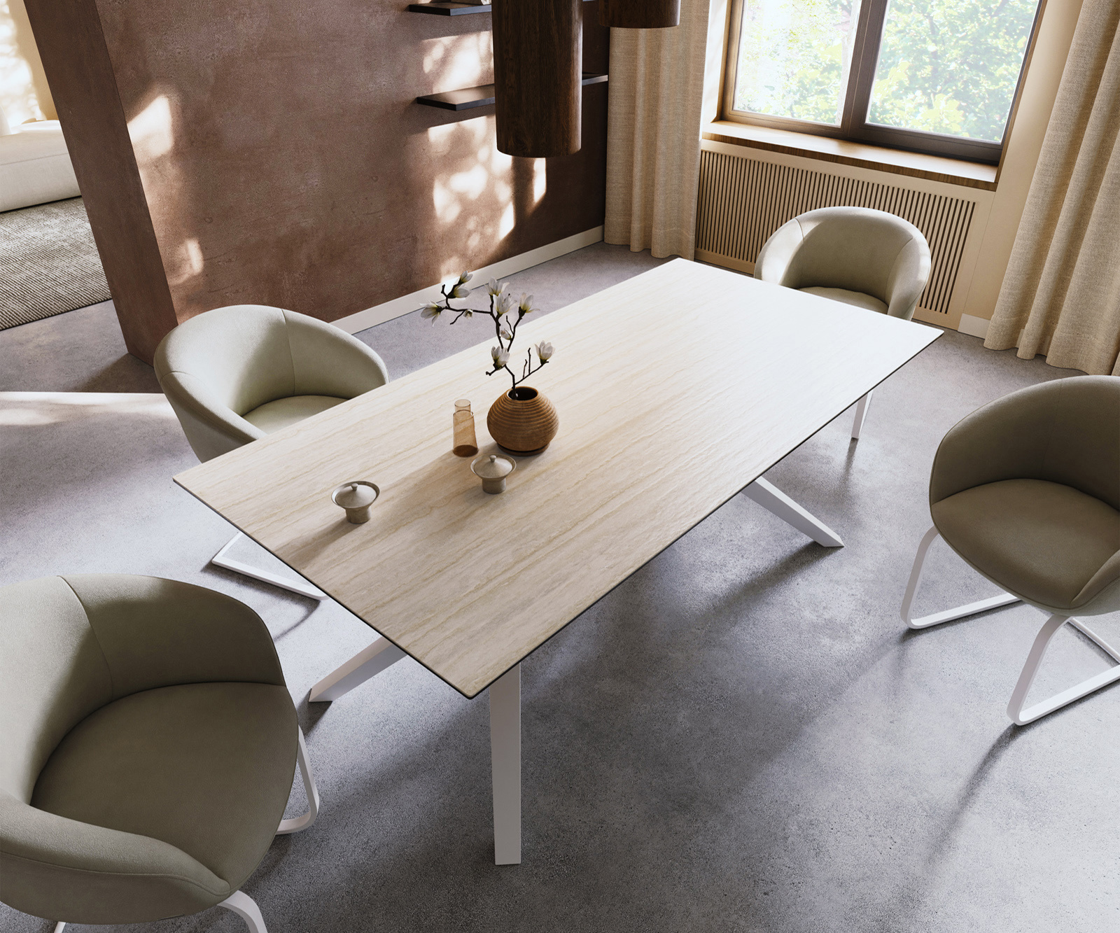 Jedálenský stôl Edge 200x100 keramika Laminam® Travertino Bianco bielo-krémová Zenthara hranatý kov biela - Image 4