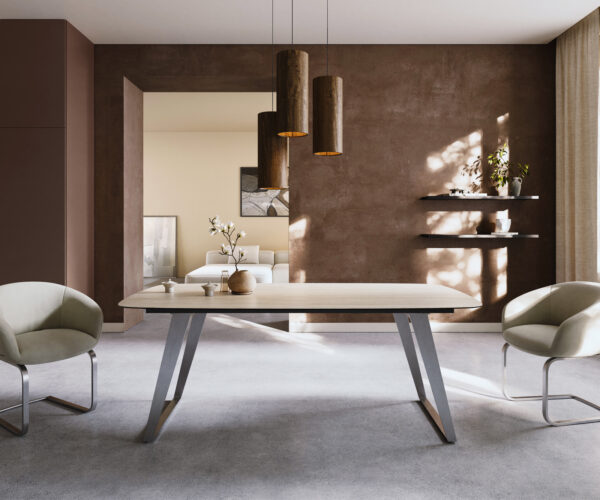 Jedálenský stôl Edge zaoblený tvar 200x100 keramika Laminam® Travertino Bianco krémovo biela nerezová oceľ šikmý