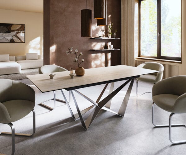 Jedálenský stôl Edge 180-220x100 keramika Laminam® Travertino Bianco bielo-krémová Spider plochá oceľ nerezová oceľ rozkladací