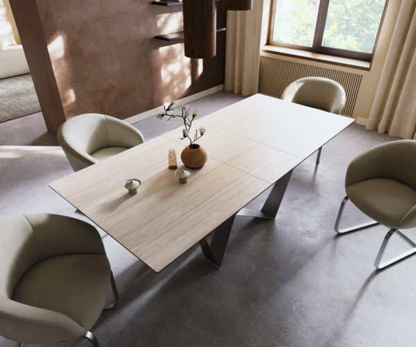 Jedálenský stôl Edge 180-220x100 keramika Laminam® Travertino Bianco bielo-krémová Spider plochá oceľ nerezová oceľ rozkladací - Image 4