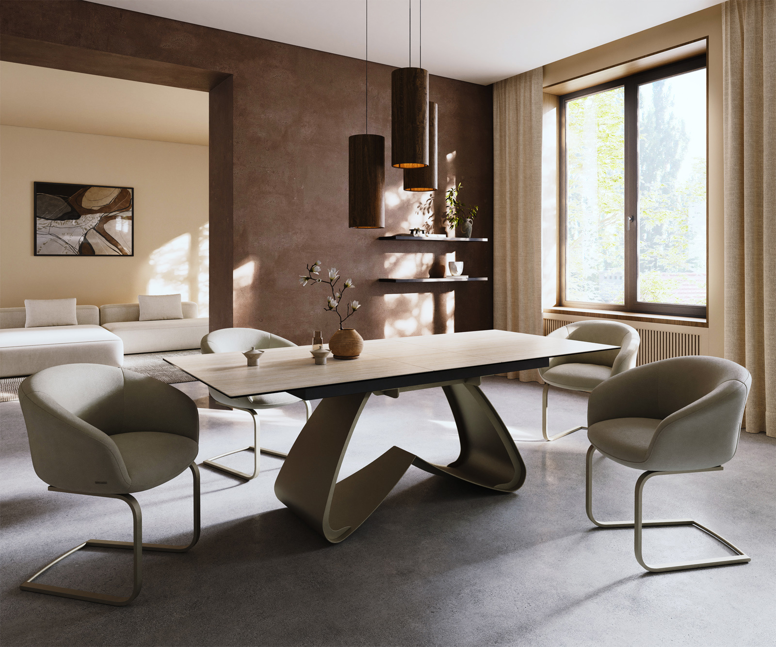 Jedálenský stôl Edge 180-220x100 keramika Laminam® Travertino Bianco bielo-krémová podstava v tvare W titánová farba rozkladací - Image 7