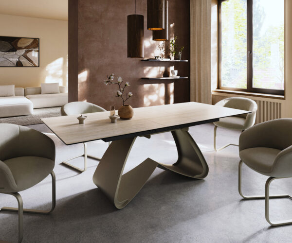 Jedálenský stôl Edge 180-220x100 keramika Laminam® Travertino Bianco bielo-krémová podstava v tvare W titánová farba rozkladací