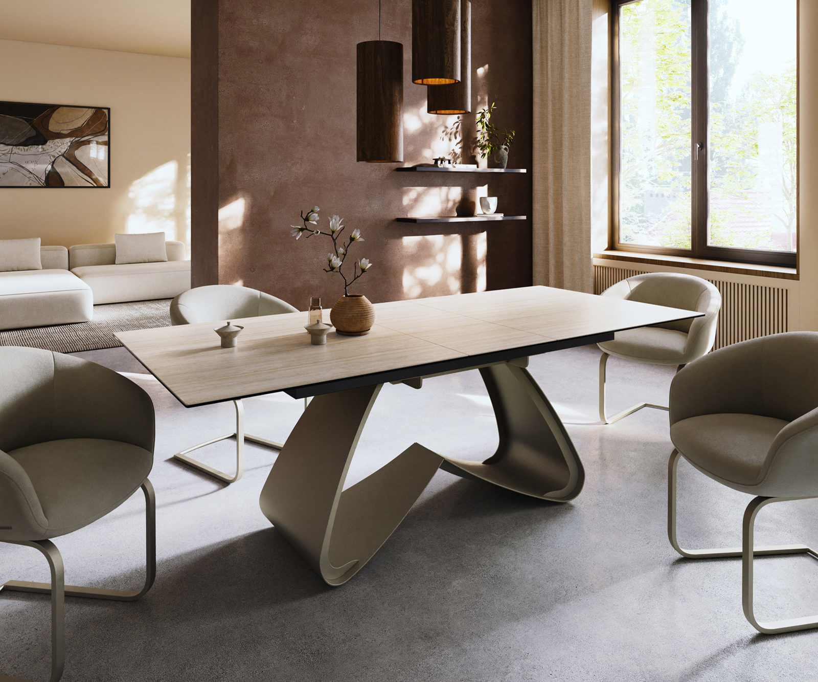 Jedálenský stôl Edge 180-220x100 keramika Laminam® Travertino Bianco bielo-krémová podstava v tvare W titánová farba rozkladací