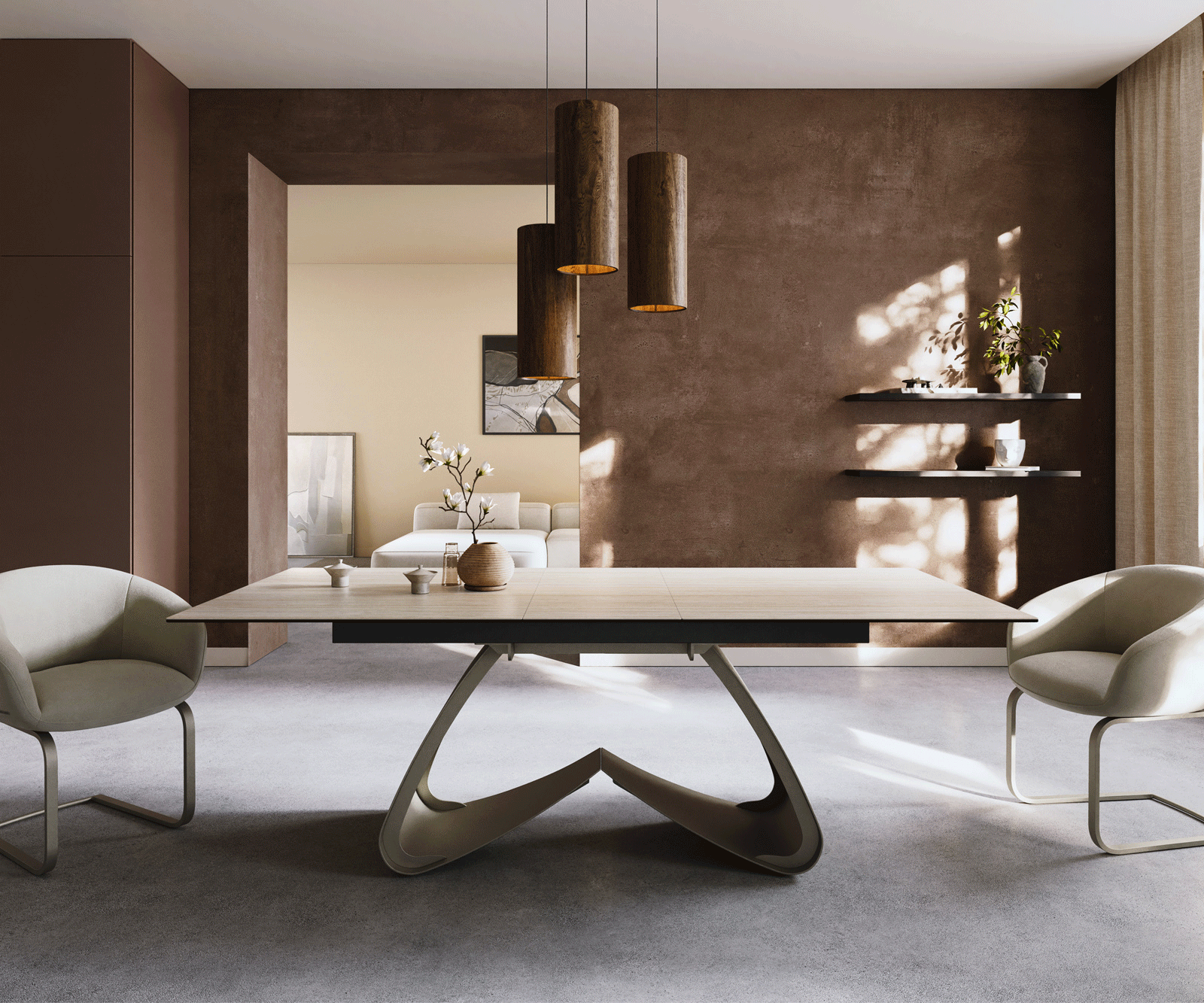 Jedálenský stôl Edge 180-220x100 keramika Laminam® Travertino Bianco bielo-krémová podstava v tvare W titánová farba rozkladací - Image 2