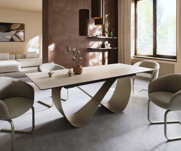 Jedálenský stôl Edge 180-220x100 keramika Laminam® Travertino Bianco krémovo biela Infinity kov titánová farba rozkladací