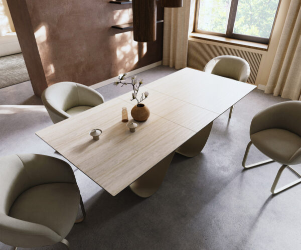 Jedálenský stôl Edge 180-220x100 keramika Laminam® Travertino Bianco krémovo biela Infinity kov titánová farba rozkladací - Image 4