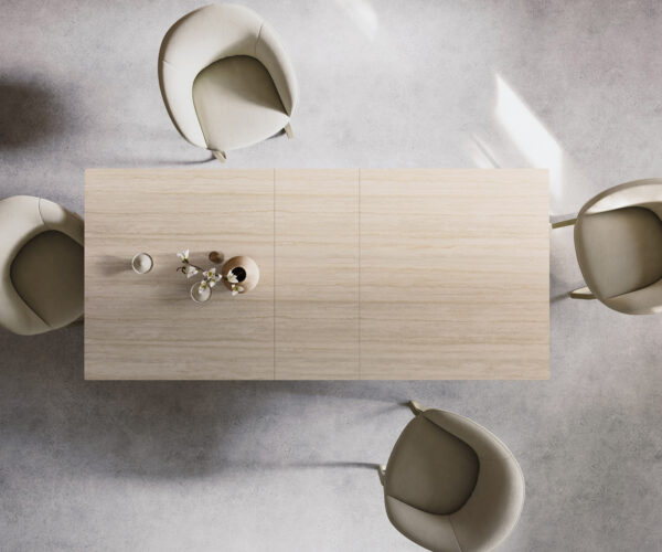 Jedálenský stôl Edge 180-220x100 keramika Laminam® Travertino Bianco krémovo biela Infinity kov titánová farba rozkladací - Image 6