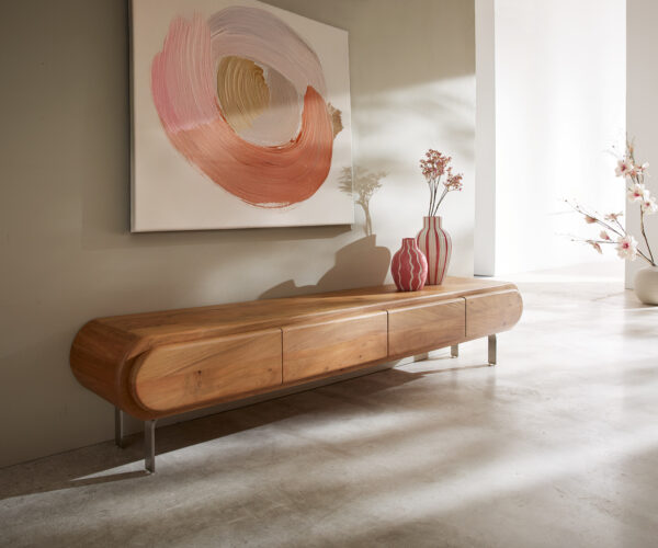 TV stolík Sohara 175 cm akácia prírodná 4 dvierka podstava v tvare L strieborná