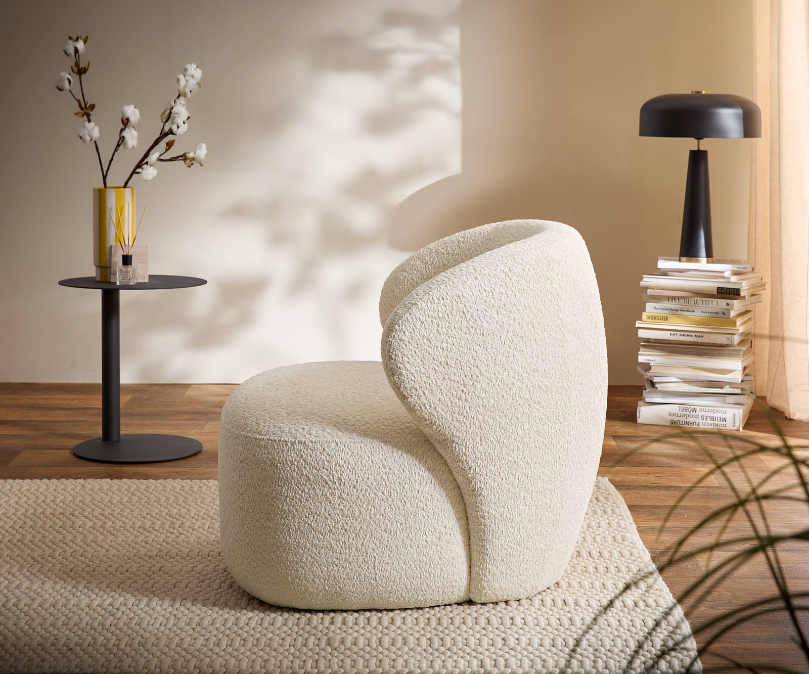 Lounge kreslo Pulo 80x80 cm bouclé biela - Image 5