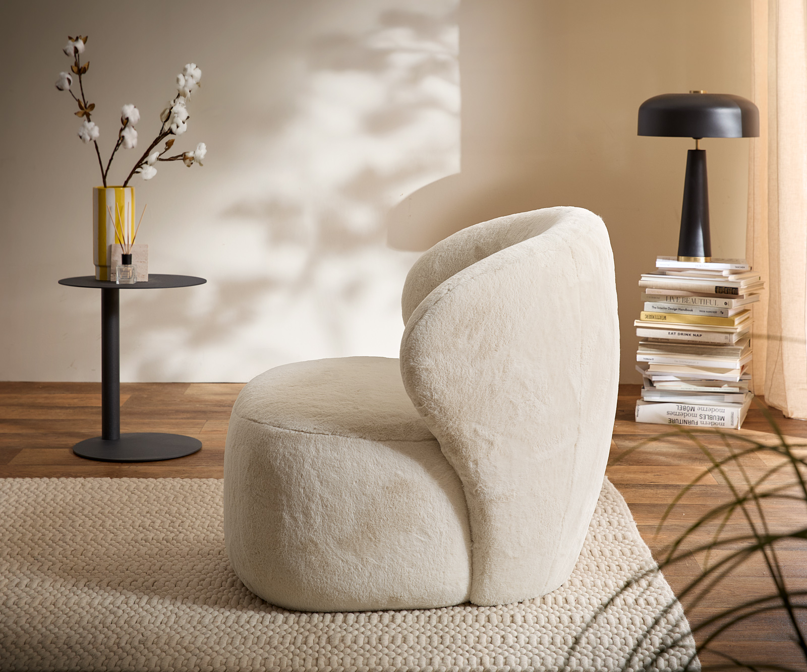 Lounge kreslo Pulo 80x80 cm plyšový manšester krémovo biela - Image 5