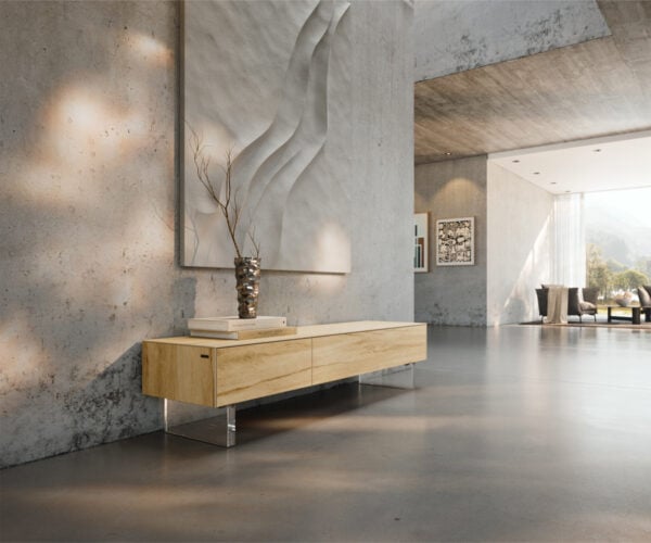 TV stolík Cuor 150 cm keramika Laminam® Sabbia dubová farba 1 výklopné dvierka 1 zásuvka podstava závesná akrylové sklo