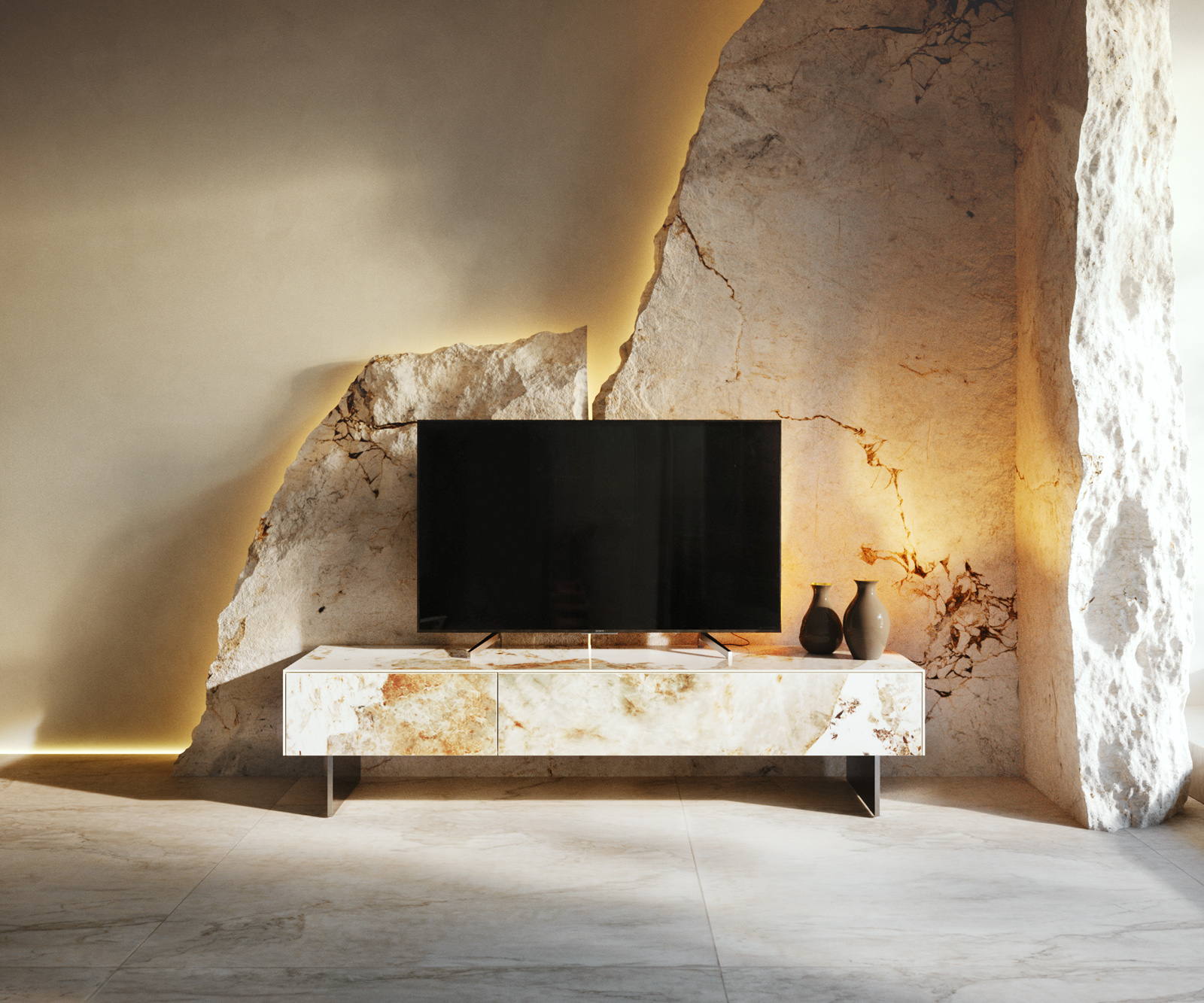 TV stolík Cuor 150 cm keramika Minas Melange bielo-béžová 1 výklopné dvierka 1 zásuvka podstava závesné nerezová oceľ