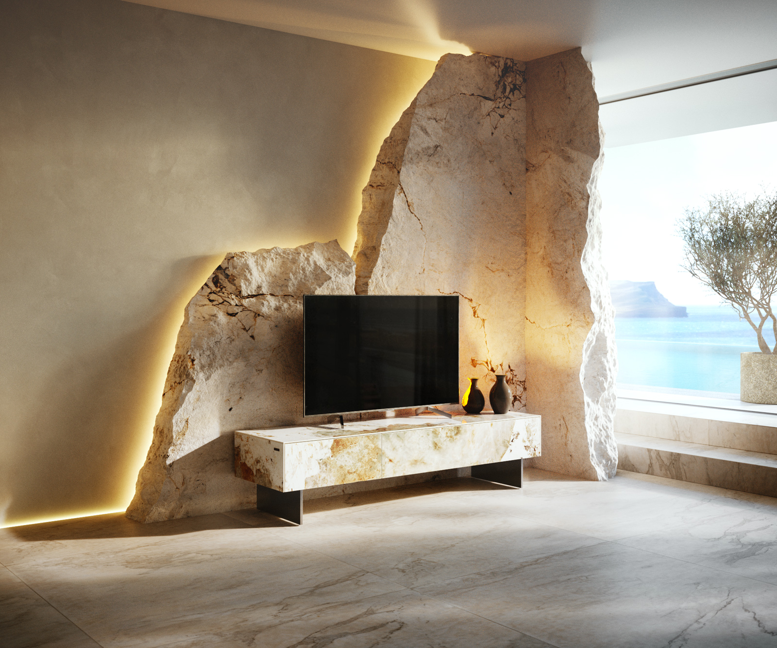 TV stolík Cuor 150 cm keramika Minas Melange bielo-béžová 1 výklopné dvierka 1 zásuvka podstava závesné nerezová oceľ - Image 2