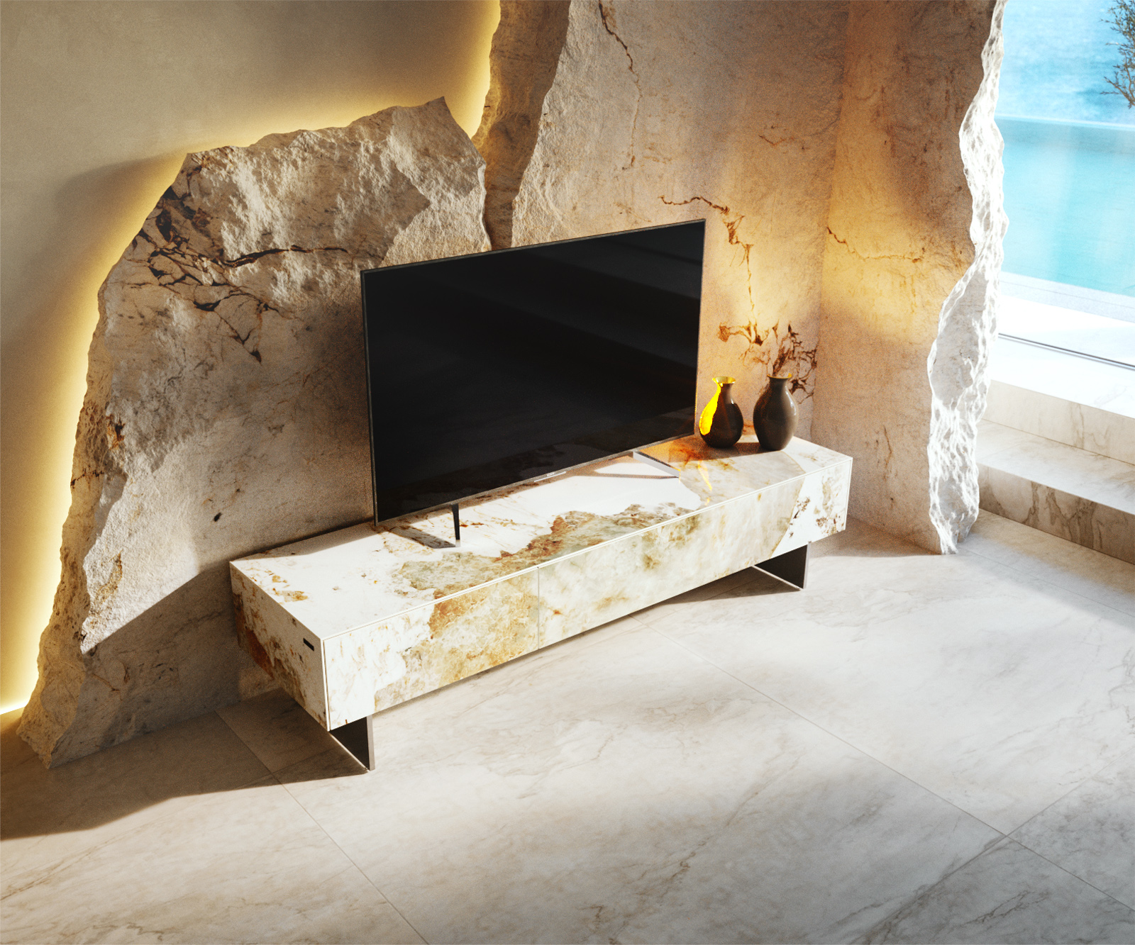 TV stolík Cuor 150 cm keramika Minas Melange bielo-béžová 1 výklopné dvierka 1 zásuvka podstava závesné nerezová oceľ - Image 4