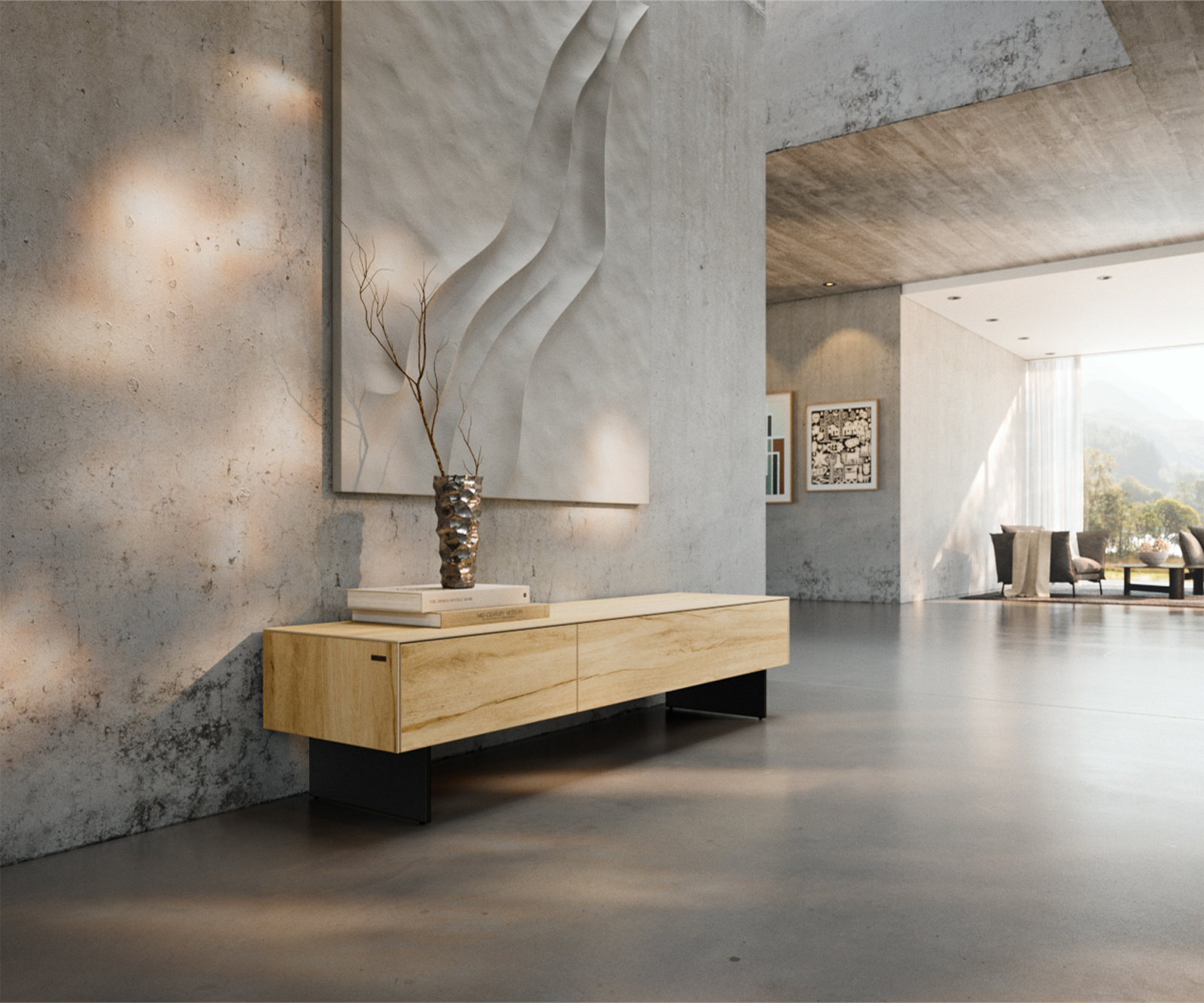 TV stolík Cuor 150 cm keramika Laminam® Sabbia dubová farba 1 výklopné dvierka 1 zásuvka podstava závesná kov čierna