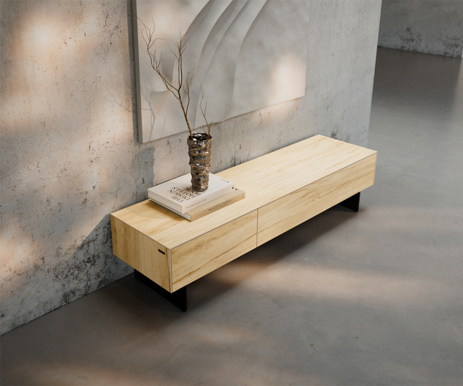 TV stolík Cuor 150 cm keramika Laminam® Sabbia dubová farba 1 výklopné dvierka 1 zásuvka podstava závesná kov čierna - Image 4