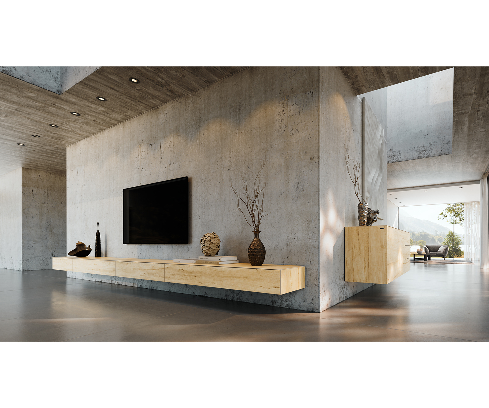 TV stolík Cuor 150 cm keramika Laminam® Sabbia dubová farba 1 výklopné dvierka 1 zásuvka podstava závesná kov čierna - Image 7