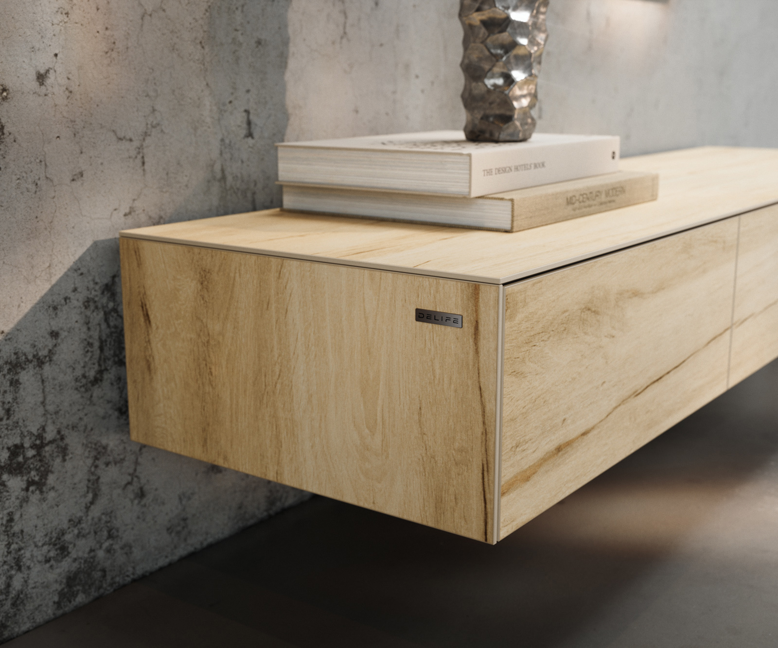 TV stolík Cuor 150 cm keramika Laminam® Sabbia dubová farba 1 výklopné dvierka 1 zásuvka podstava závesná kov čierna - Image 6