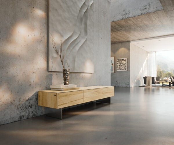 TV stolík Cuor 150 cm keramika Laminam® Sabbia dubová farba 1 výklopné dvierka 1 zásuvka podstava závesná nerezová oceľ