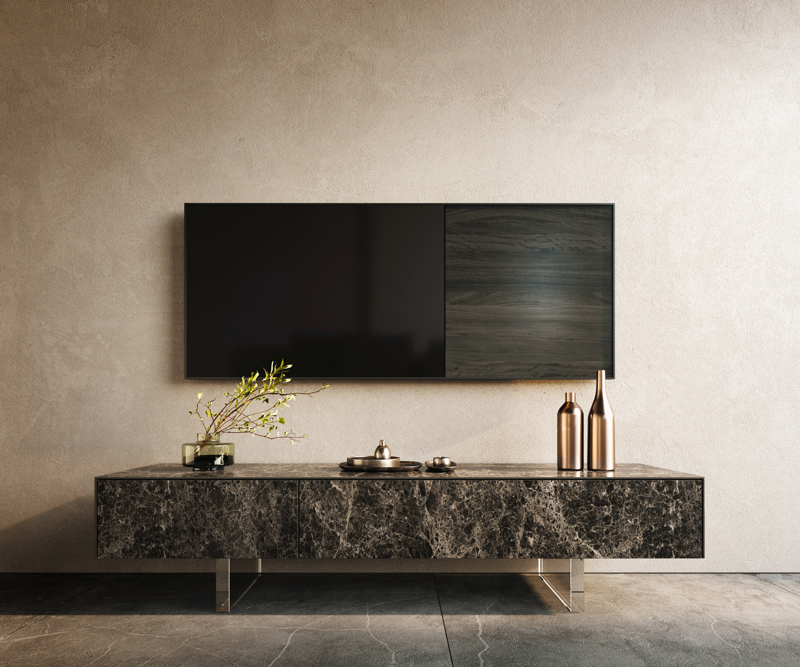 TV stolík Cuor 150 cm keramika Laminam® Emperador Extra Lucidato tmavohnedá 1 výklopné dvierka 1 zásuvka podstava závesné akrylové sklo - Image 2