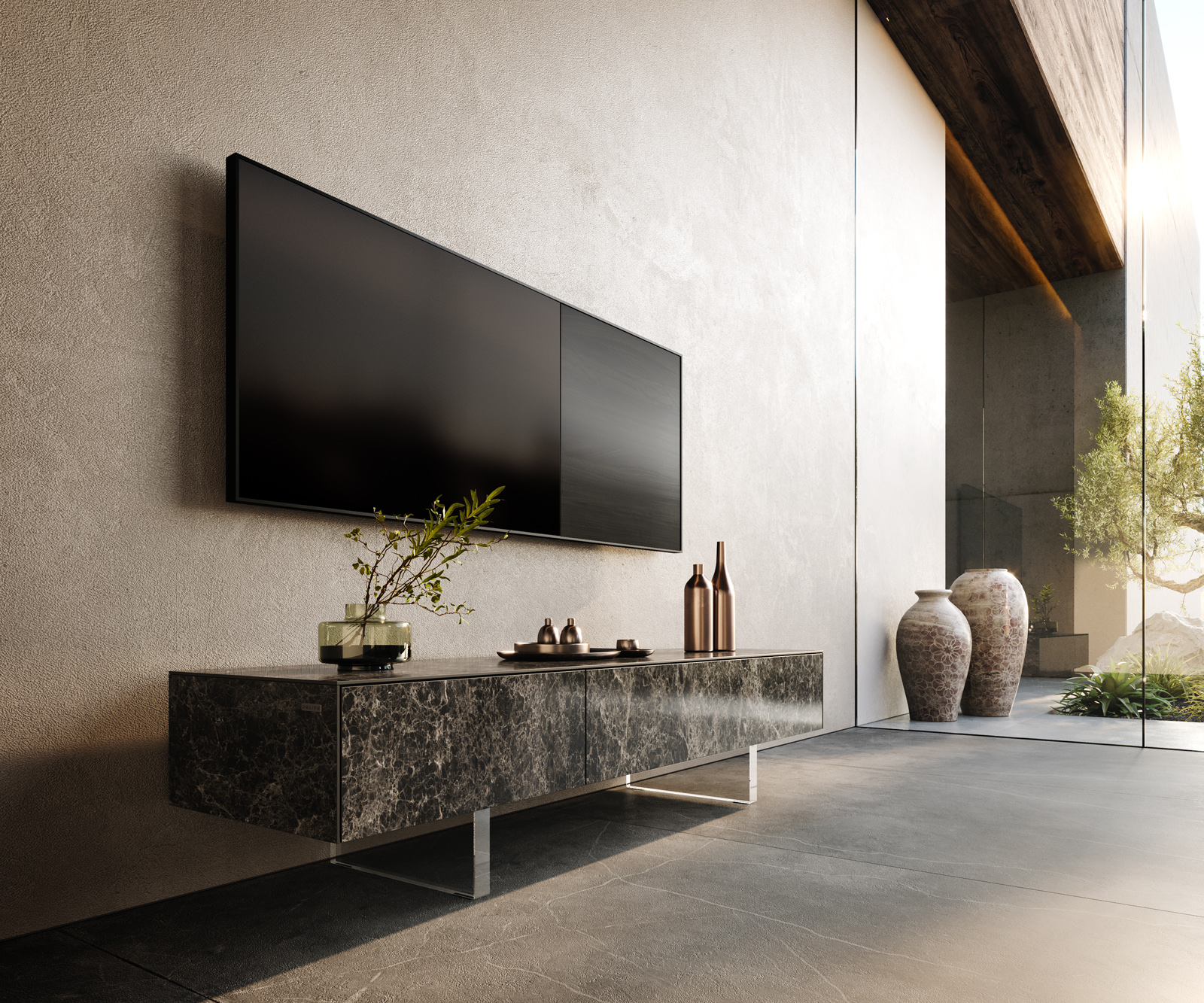 TV stolík Cuor 150 cm keramika Laminam® Emperador Extra Lucidato tmavohnedá 1 výklopné dvierka 1 zásuvka podstava závesné akrylové sklo