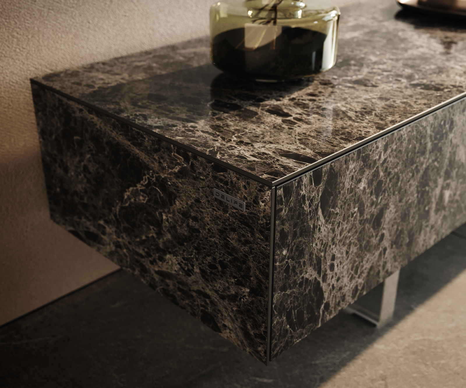 TV stolík Cuor 150 cm keramika Laminam® Emperador Extra Lucidato tmavohnedá 1 výklopné dvierka 1 zásuvka podstava závesné akrylové sklo - Image 6