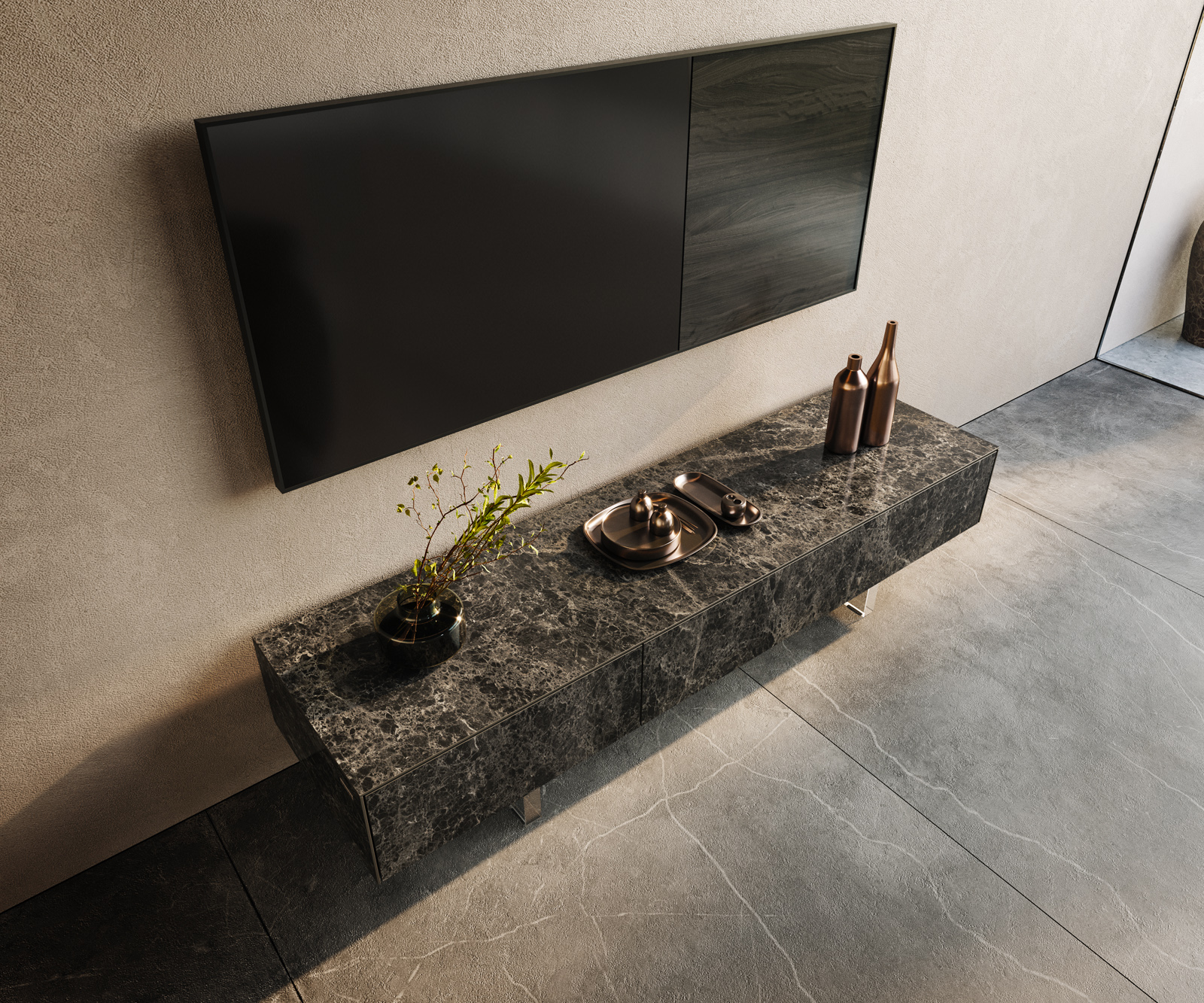 TV stolík Cuor 150 cm keramika Laminam® Emperador Extra Lucidato tmavohnedá 1 výklopné dvierka 1 zásuvka podstava závesné akrylové sklo - Image 4