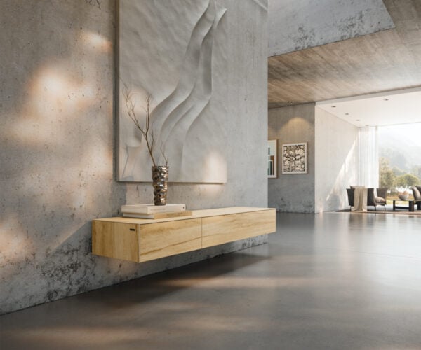 TV stolík Cuor 150 cm keramika Laminam® sabbia v dubovej farbe 1 výklopné dvierka 1 zásuvka závesný