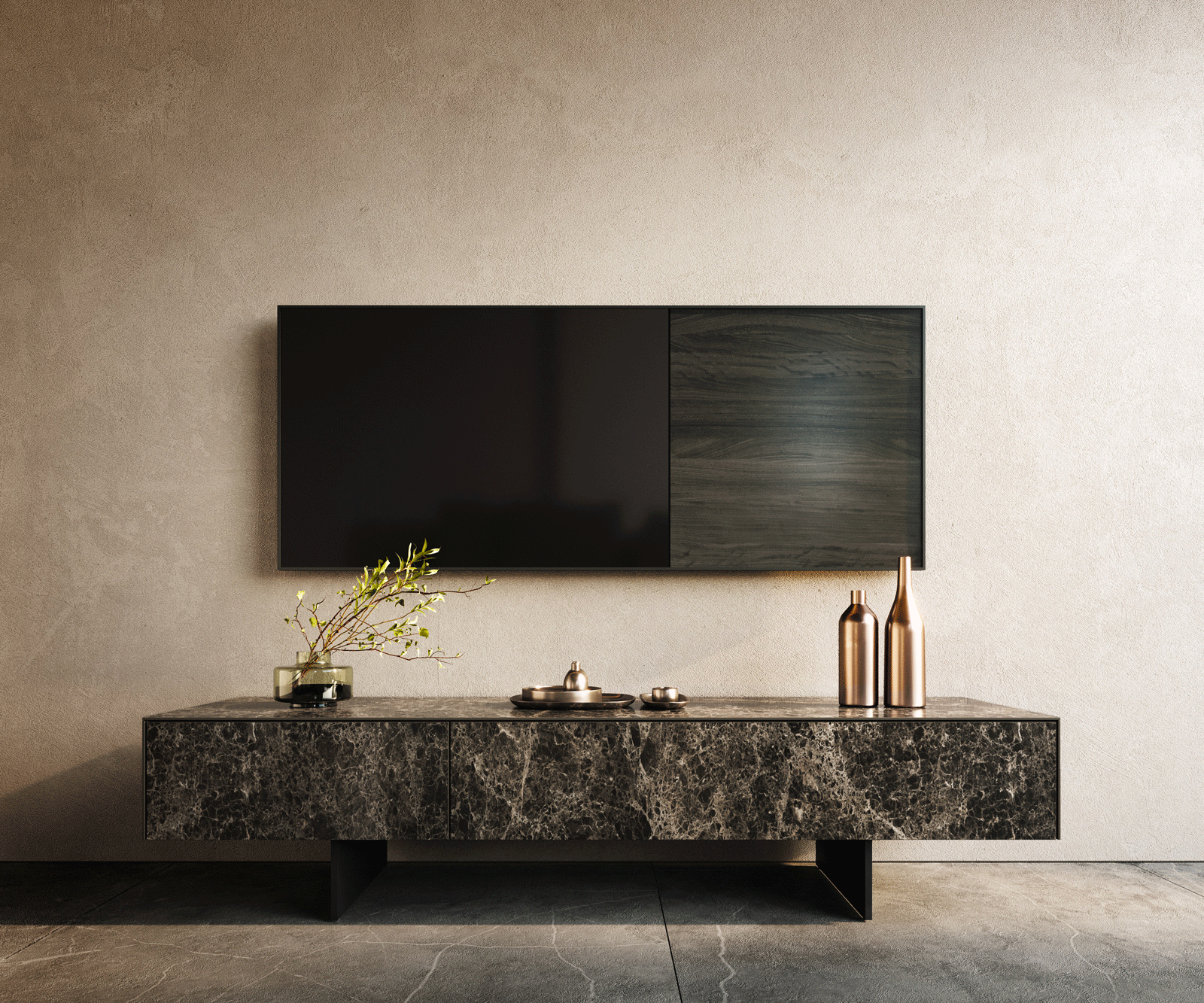 TV stolík Cuor 150 cm keramika Laminam® Emperador Extra Lucidato tmavohnedá 1 výklopné dvierka 1 zásuvka podstava závesná kov čierna - Image 2