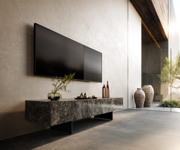 TV stolík Cuor 150 cm keramika Laminam® Emperador Extra Lucidato tmavohnedá 1 výklopné dvierka 1 zásuvka podstava závesná kov čierna